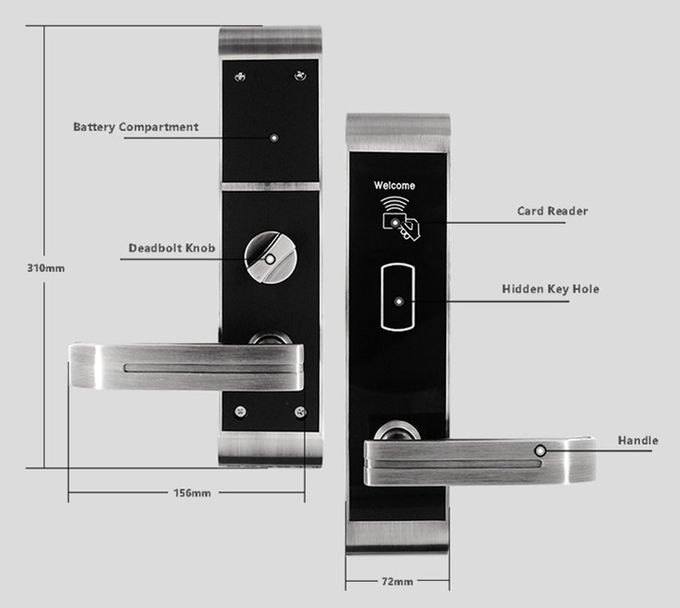 Κλειδαριές πορτών ξενοδοχείων Rfid κραμάτων ψευδάργυρου με την κάρτα μηχανικά βασικά 310 * 72mm ολοκληρωμένου κυκλώματος 0