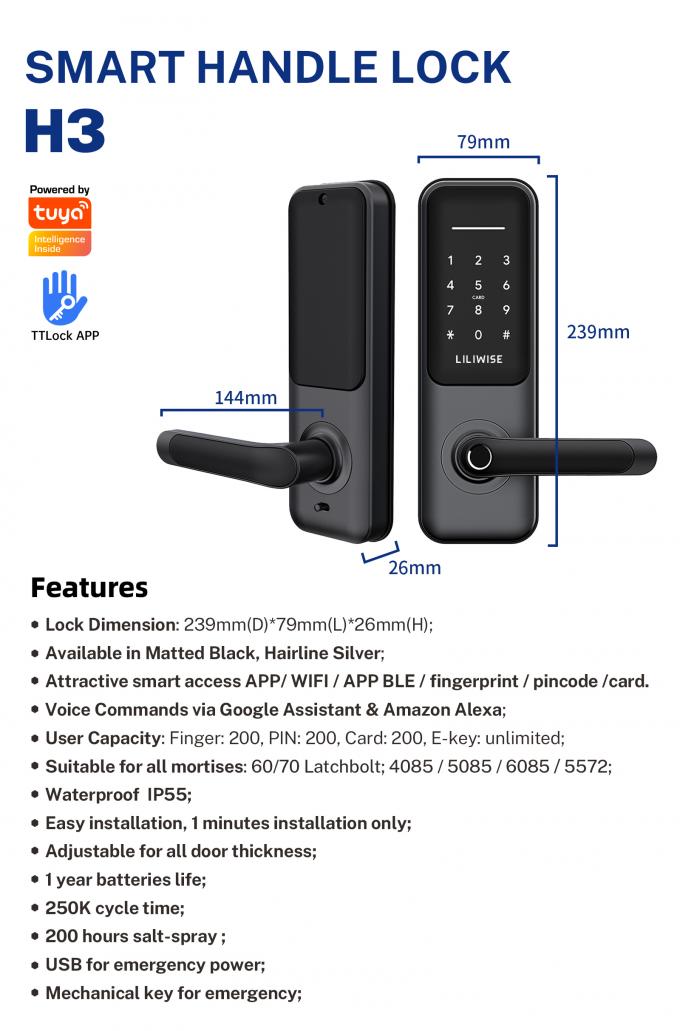 Υψηλής ασφαλείας δακτυλικών αποτυπωμάτων Ttlock έξυπνη κλειδαριών κλειδαριά πορτών Tuya WIFI BLE ψηφιακή έξυπνη 3